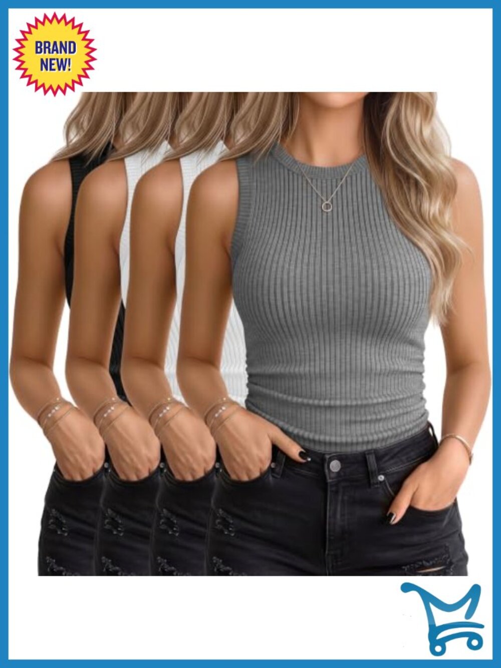 4 Pack Women's Ribbed Cotton Tank Tops Sleeveless Crew Neck